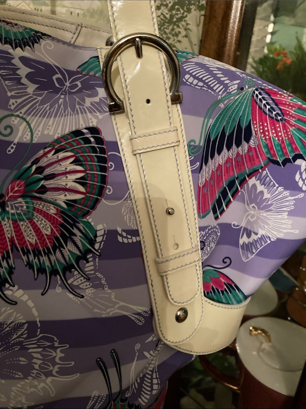 Salvatore Ferragamo Lavender & White Striped Patent Leather Buckle Shopper Tote - Picture 6 of 12
